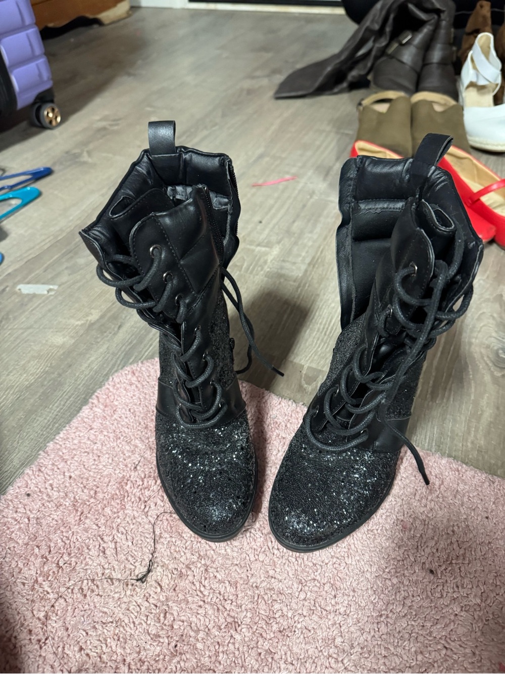 Black Glitter Lace-Up Boot heels